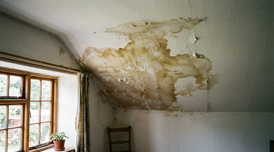 Auréole d'infiltration d'eau sur un plafond sous toiture