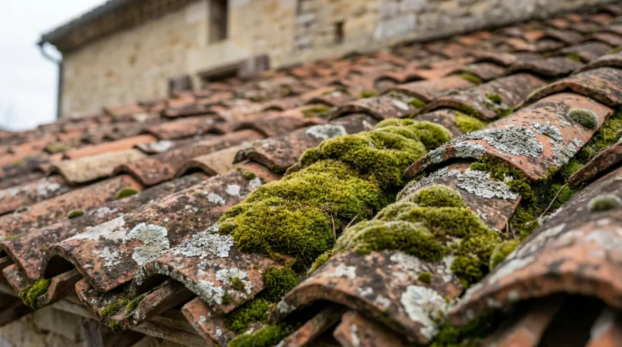 Toiture en tuiles envahie par la mousse et le lichen